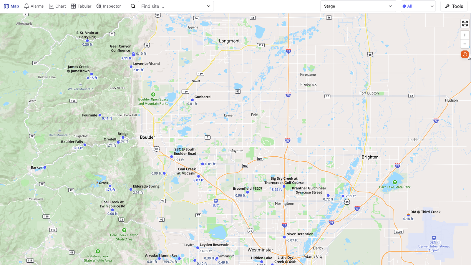 VantagePoint map view with site readings and status markers